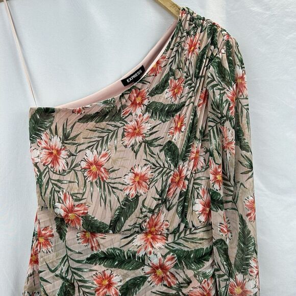 Express Floral XXS Tropical One Shoulder Wrap Ruffle Romper Vacation Travel Zip - Picture 2 of 13
